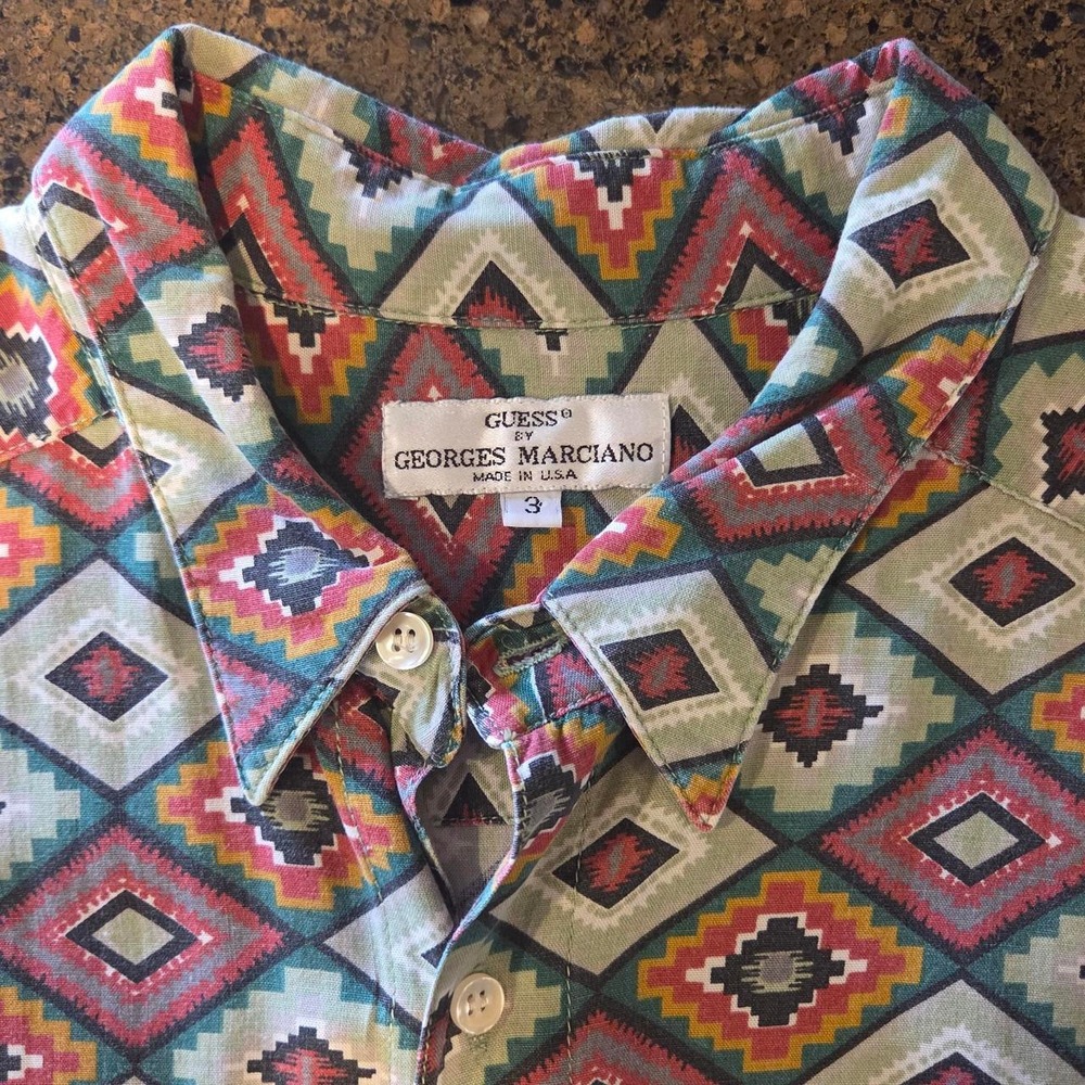 Vintage 80s Guess Georges Marciano Rayon Short Sleeve Shirt XL Green Multi Aztec
